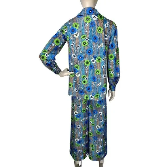 Vintage 60s Groovy Grannycore Floral Wide Leg Pant Top & Jacket 3 Piece Cord-Set